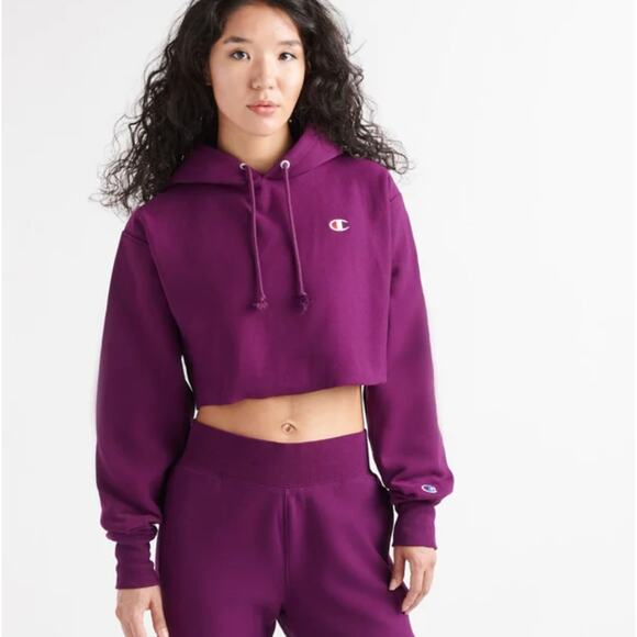 Champion Crop Hoodie Sweatshirt Medium Reverse Weave Purple Cut Off Cropped - Picture 1 of 8